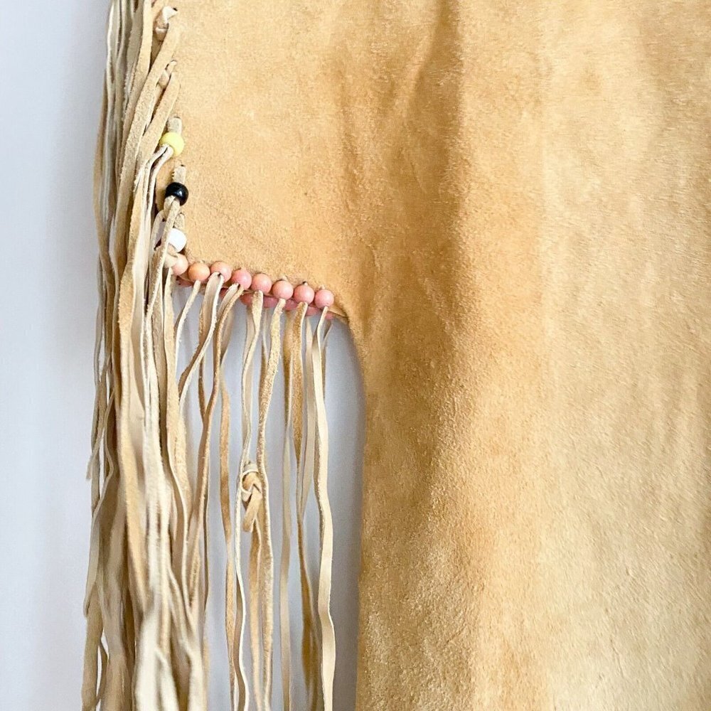 Vintage Handmade Suede Asymmetrical Hem Fringe Bead Detail Boho Simple Dress L - Picture 3 of 8